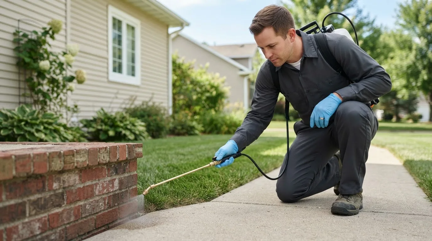 Pest control technician treating a home near Gwynn Oak, MD